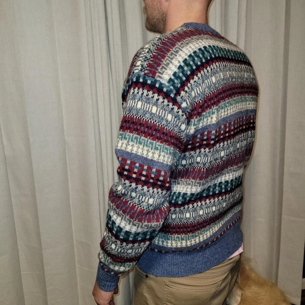 Vintage Amana Mens Blue Fair Isle Academia Teacher 100% Wool Crewneck Sweater  M
